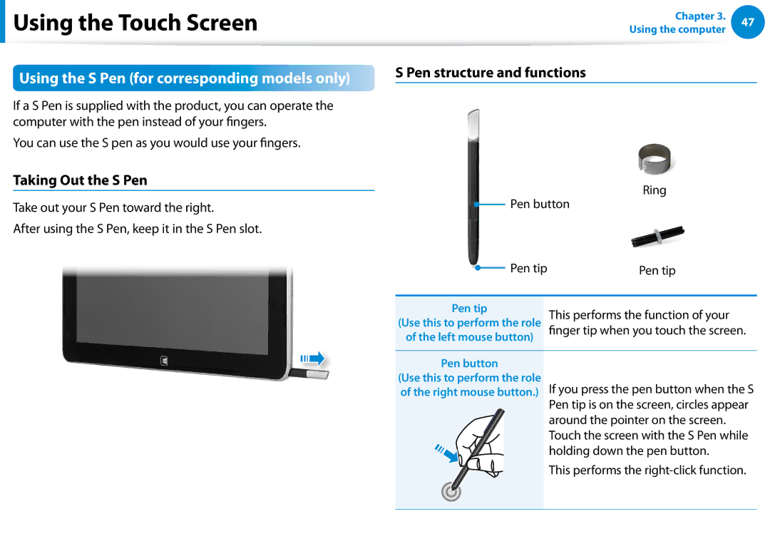 Samsung XE700T1C-A01US Using the S Pen for corresponding models only, Taking Out the S Pen, Pen structure and functions 