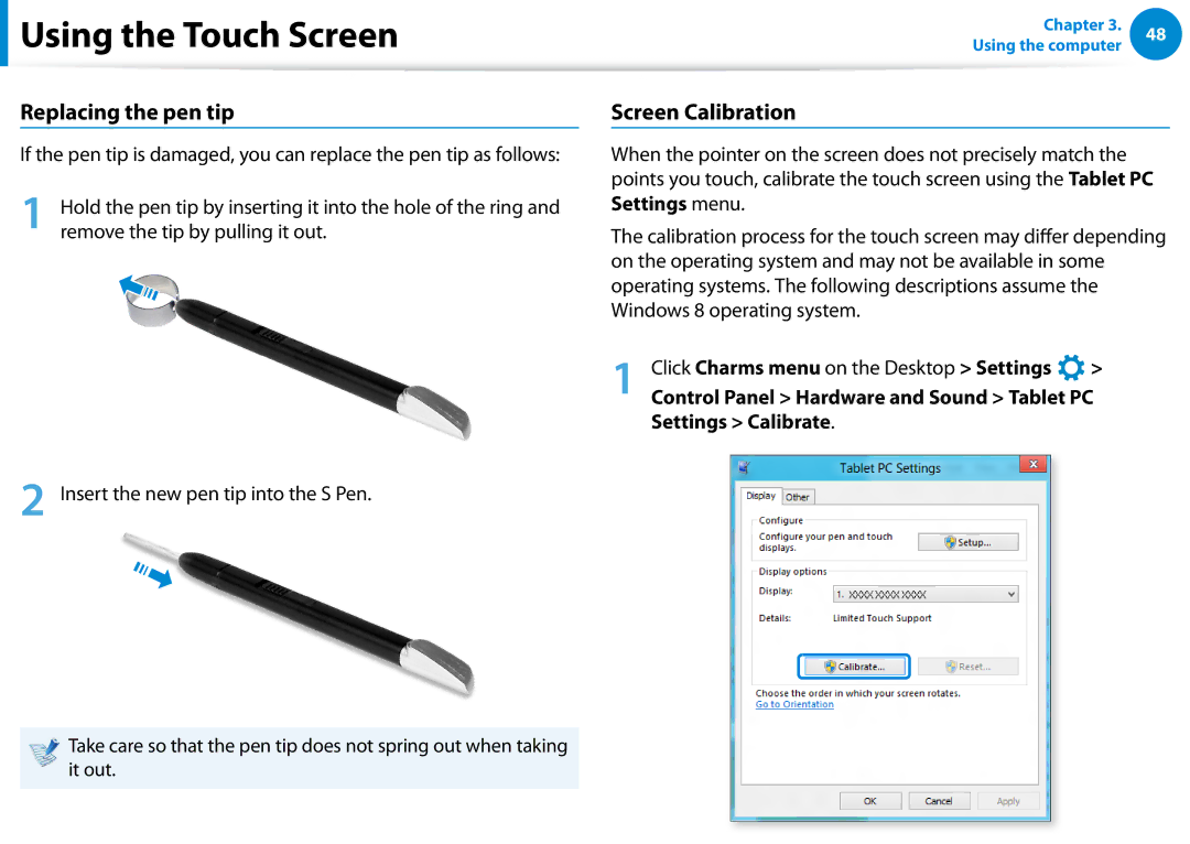 Samsung XE700T1C-A01US manual Replacing the pen tip, Screen Calibration, Settings Calibrate 