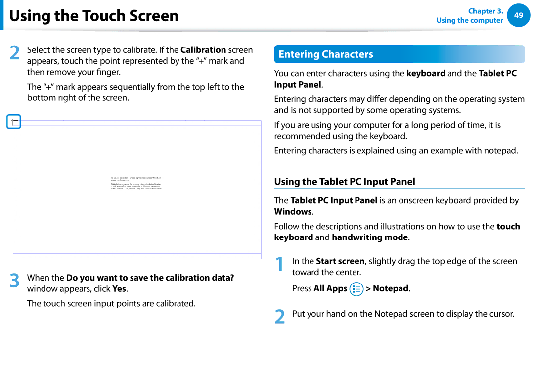 Samsung XE700T1C-A01US manual Entering Characters, Using the Tablet PC Input Panel, Press All Apps 