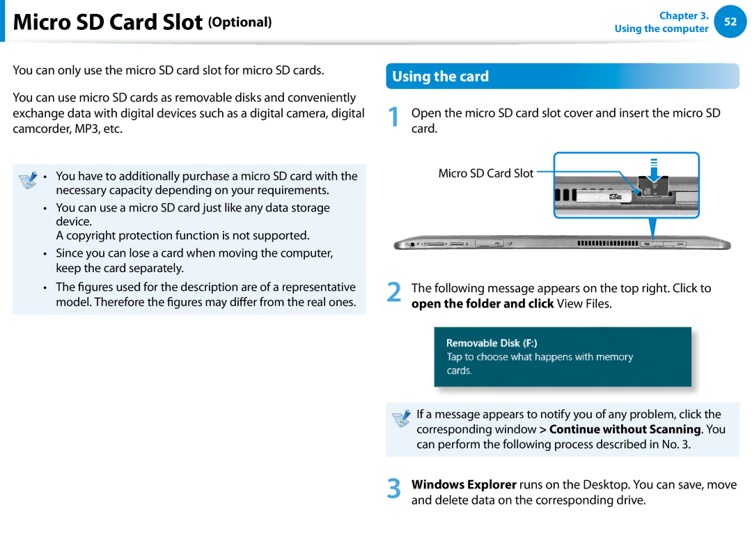 Samsung XE700T1C-A01US manual Micro SD Card Slot Optional, Using the card 