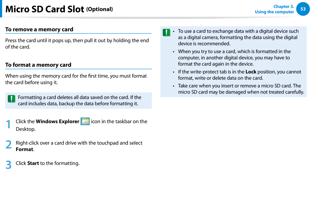 Samsung XE700T1C-A01US manual To remove a memory card, To format a memory card, Click the Windows Explorer, Format 