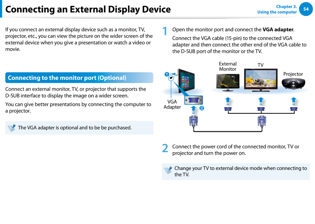 Samsung XE700T1C-A01US manual Connecting an External Display Device, Connecting to the monitor port Optional, Movie 