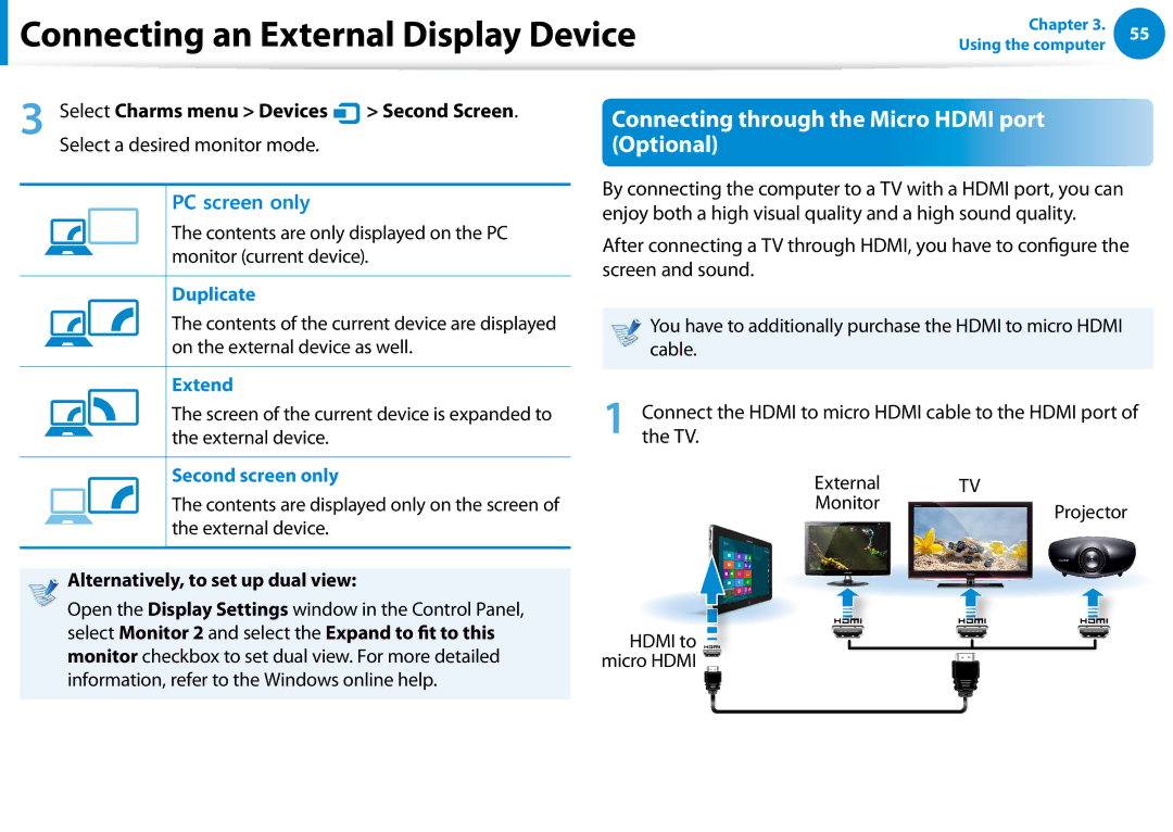 Samsung XE700T1C-A01US manual Connecting through the Micro Hdmi port Optional, Duplicate, Extend, Second screen only 