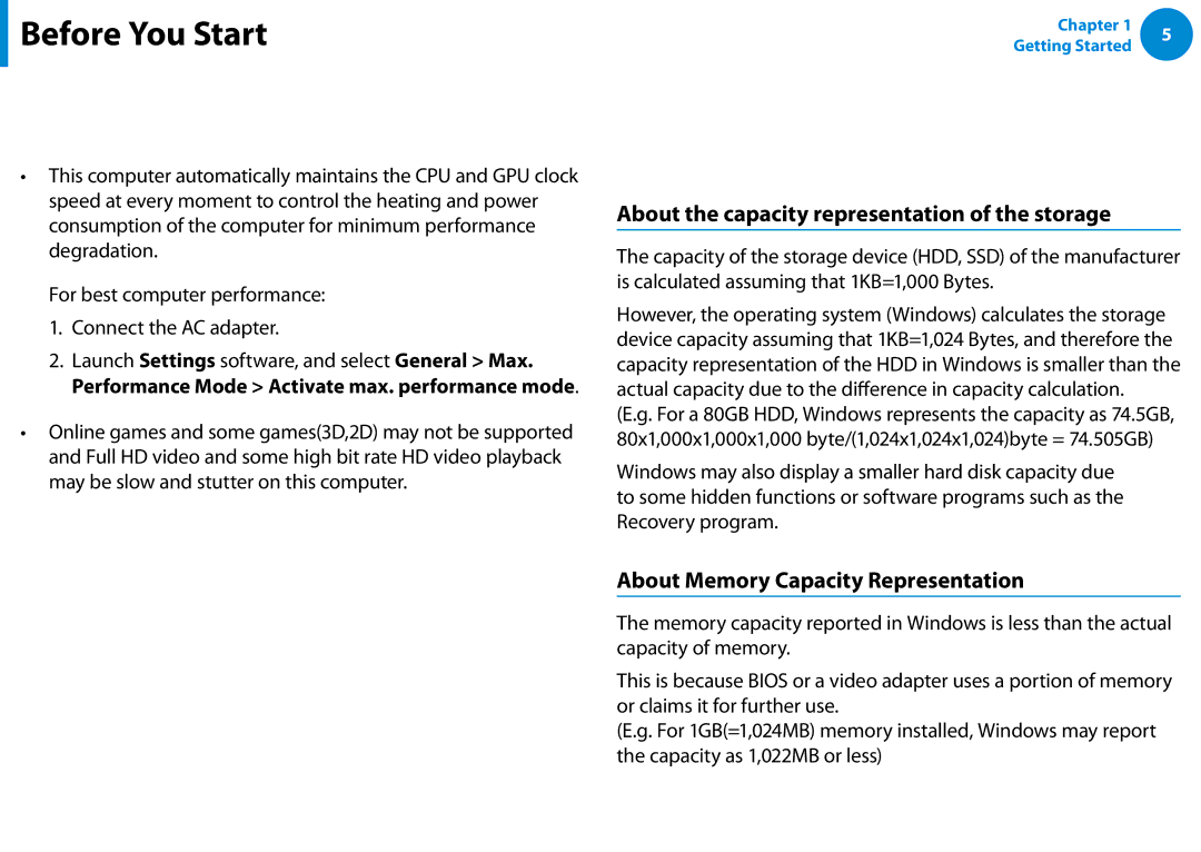 Samsung XE700T1C-A01US manual Performance Information and Restriction, About the Product Capacity Representation Standard 