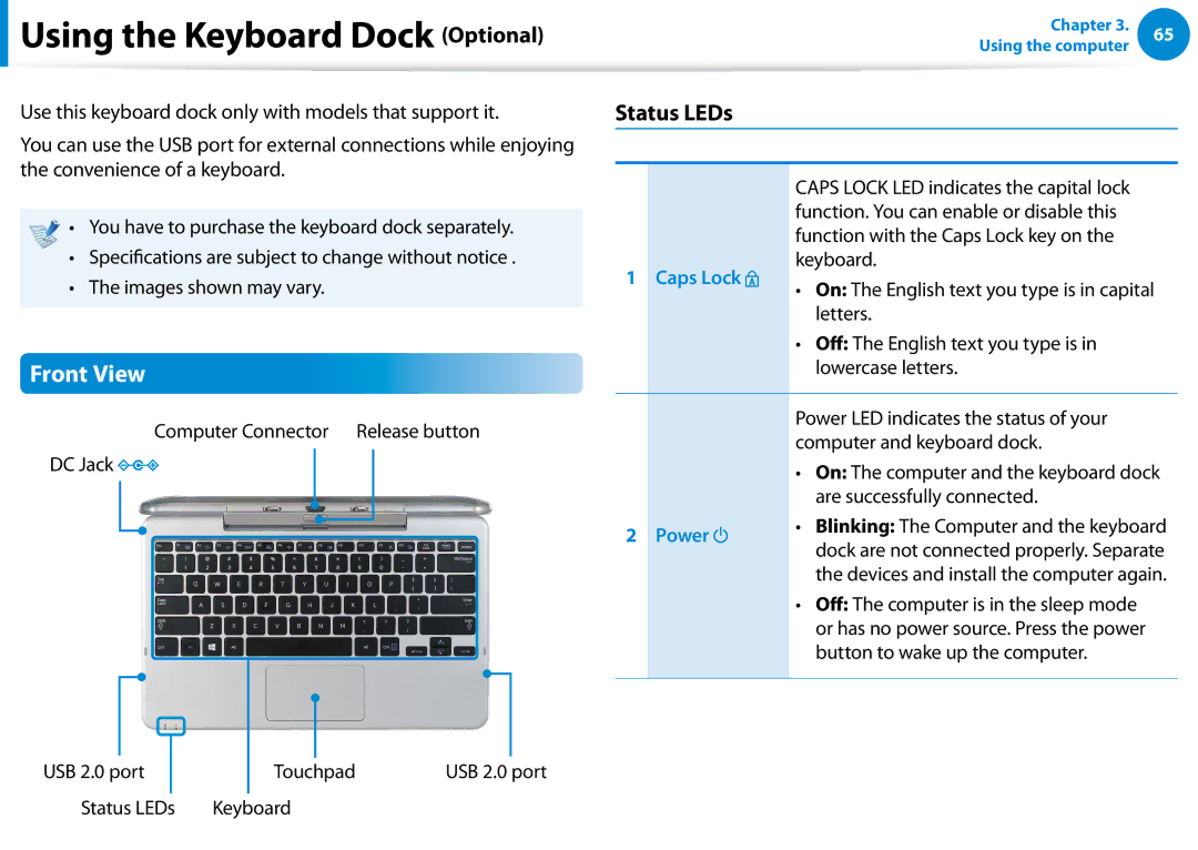 Samsung XE700T1C-A01US manual Using the Keyboard Dock Optional, Status LEDs, Caps Lock, Power 