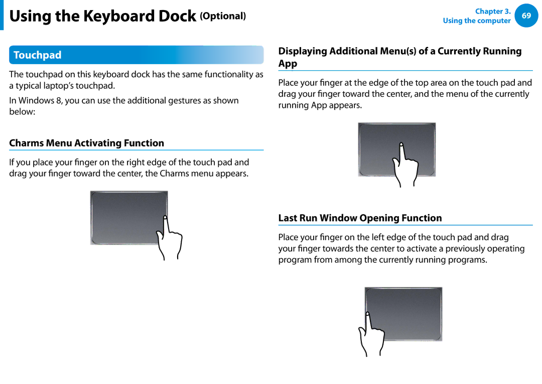 Samsung XE700T1C-A01US Touchpad, Displaying Additional Menus of a Currently Running App, Charms Menu Activating Function 