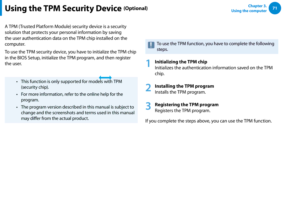 Samsung XE700T1C-A01US manual Using the TPM Security Device Optional, Setting Up the TPM, Initializing the TPM chip 