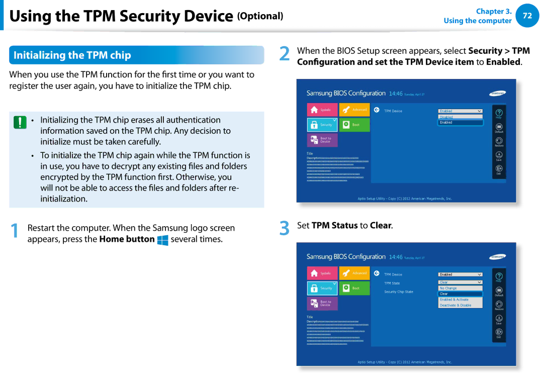 Samsung XE700T1C-A01US manual Initializing the TPM chip, Set TPM Status to Clear 