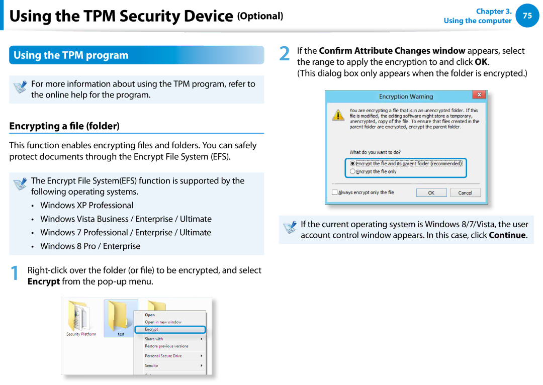 Samsung XE700T1C-A01US manual Using the TPM program, Encrypting a file folder, Encrypt from the pop-up menu 