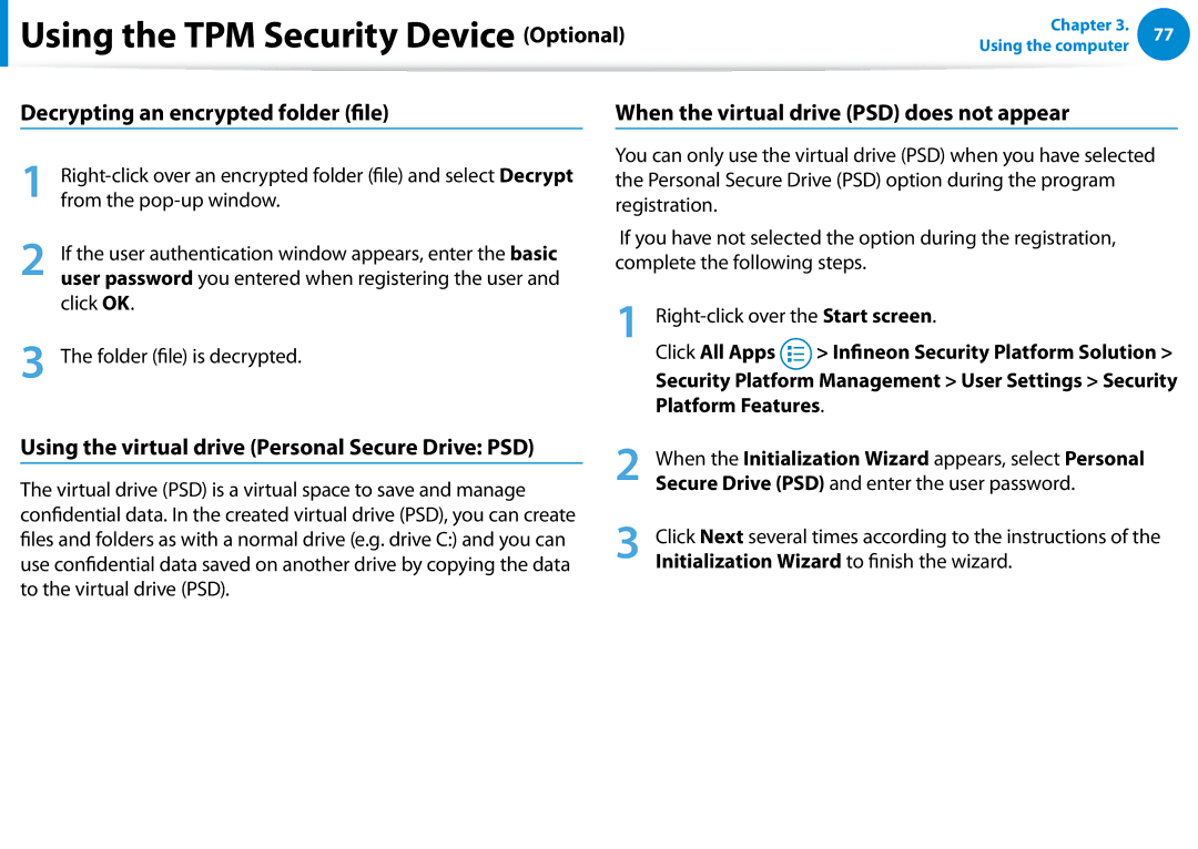 Samsung XE700T1C-A01US manual Decrypting an encrypted folder file, When the virtual drive PSD does not appear 