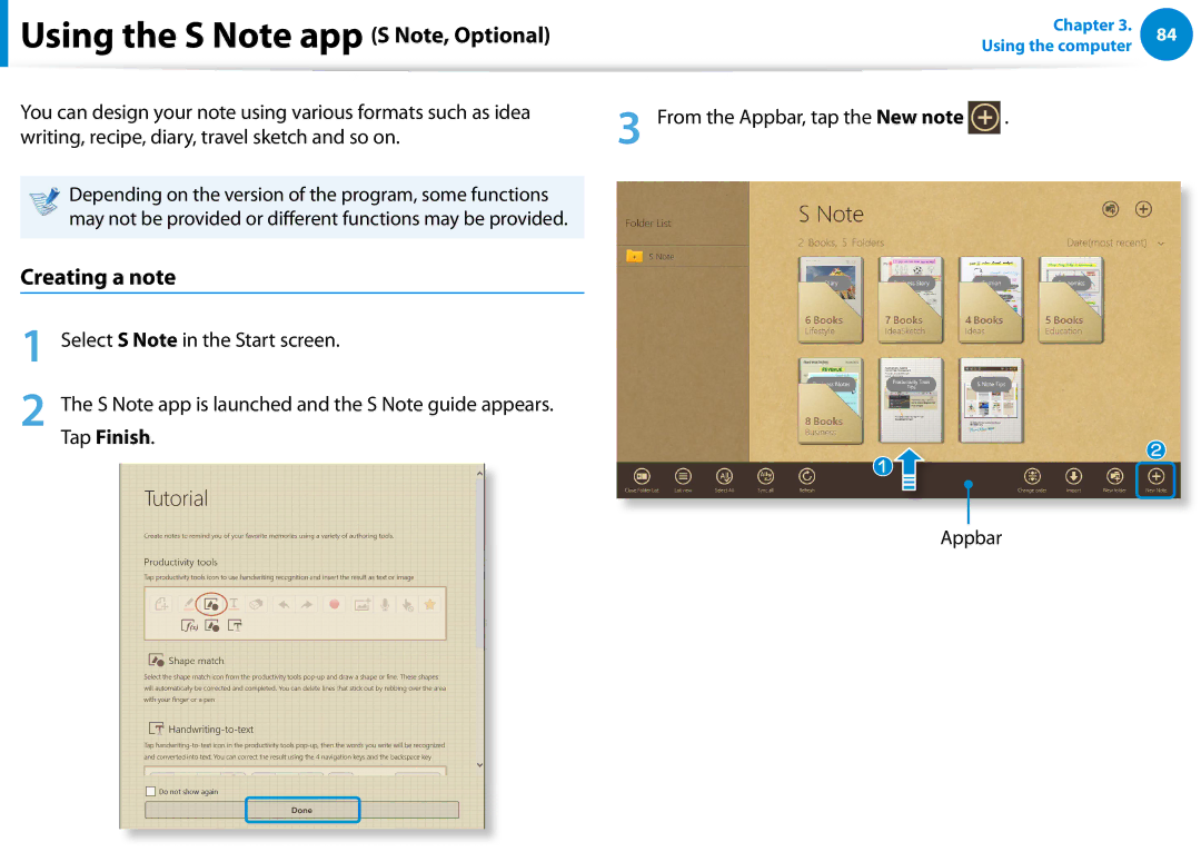 Samsung XE700T1C-A01US manual Using the S Note app S Note, Optional, Creating a note, Tap Finish, Appbar 