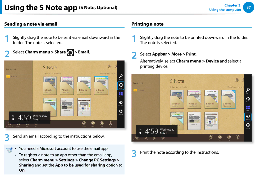Samsung XE700T1C-A01US manual Sending a note via email, Printing a note, Select Charm menu Share, Select Appbar More Print 
