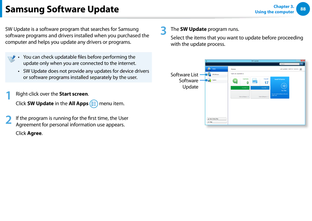 Samsung XE700T1C-A01US manual Samsung Software Update, Click SW Update in the All Apps, Menu item, Click Agree 