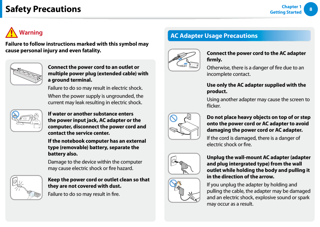 Samsung XE700T1C-A01US manual AC Adapter Usage Precautions, Connect the power cord to the AC adapter firmly 