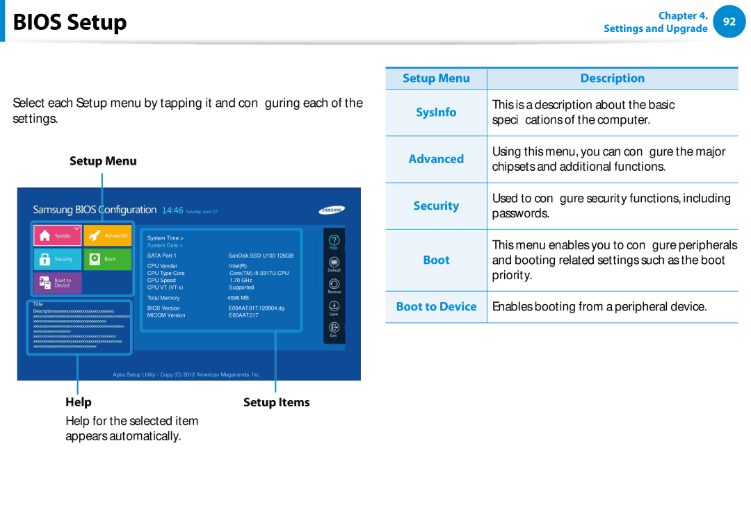 Samsung XE700T1C-A01US manual Bios Setup Screen, Setup Menu Description 