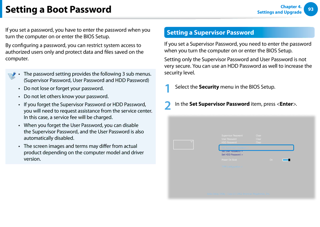 Samsung XE700T1C-A01US manual Setting a Boot Password, Setting a Supervisor Password 