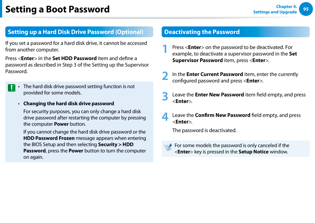 Samsung XE700T1C-A01US manual Deactivating the Password, Changing the hard disk drive password, Enter 