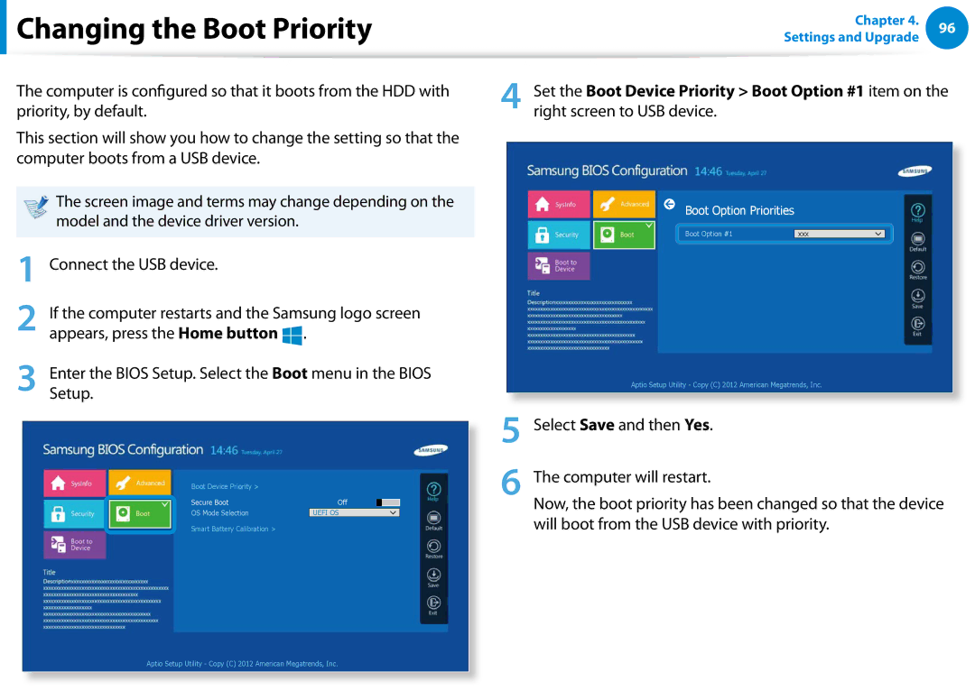 Samsung XE700T1C-A01US manual Changing the Boot Priority, Appears, press the Home button, Setup 