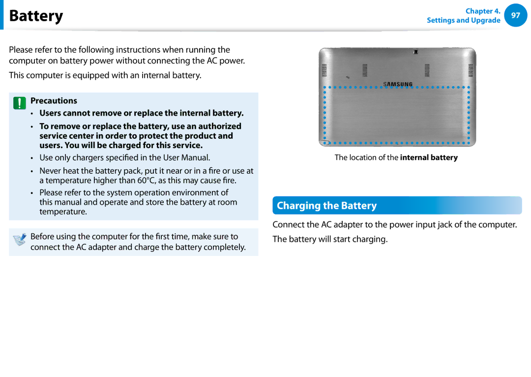 Samsung XE700T1C-A01US manual Charging the Battery, This computer is equipped with an internal battery 