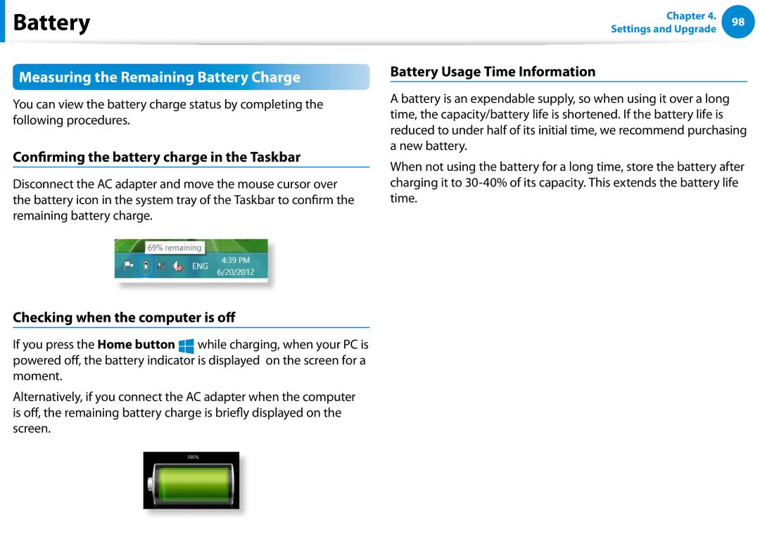 Samsung XE700T1C-A01US manual Measuring the Remaining Battery Charge, Confirming the battery charge in the Taskbar 