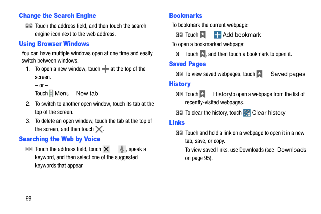 Samsung SM-P9000ZKFXAR Change the Search Engine, Using Browser Windows, Searching the Web by Voice, Bookmarks, Saved Pages 