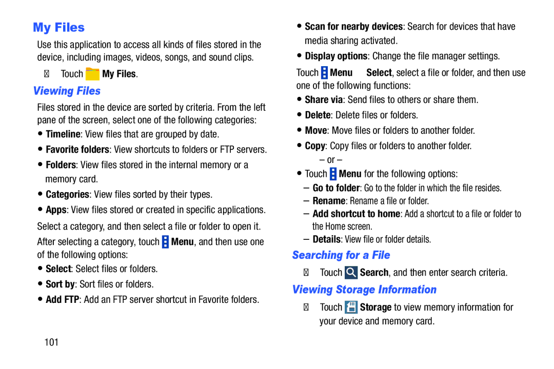 Samsung SM-P900A, XE700T1C-K01US Viewing Files, Searching for a File, Viewing Storage Information, Touch My Files 