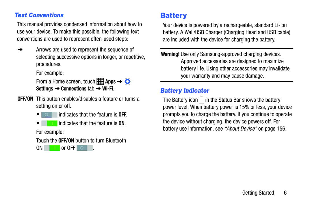 Samsung SM-P9000ZWFXAR, XE700T1C-K01US, SM-P9000ZKVXAR, SM-P9000ZKFXAR Text Conventions, Battery Indicator, For example 