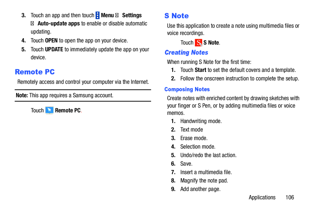 Samsung SM-P9000ZWVXAR Creating Notes, Touch Remote PC, When running S Note for the first time, Composing Notes 