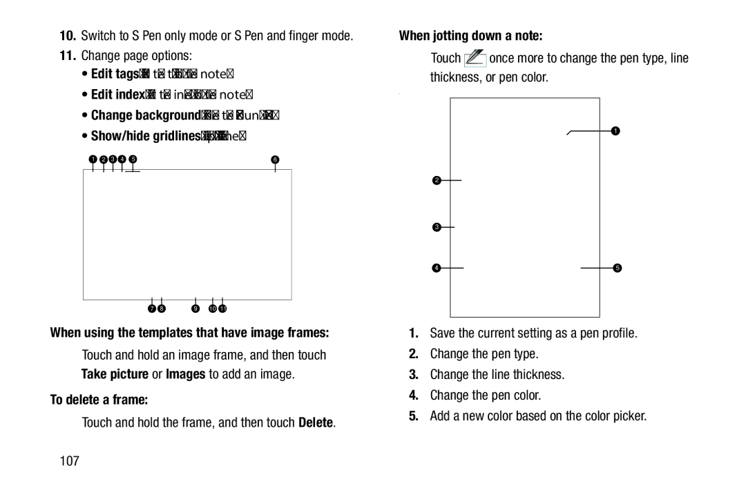 Samsung SM-P900A Show/hide gridlines Display gridlines, To delete a frame, Touch and hold the frame, and then touch Delete 