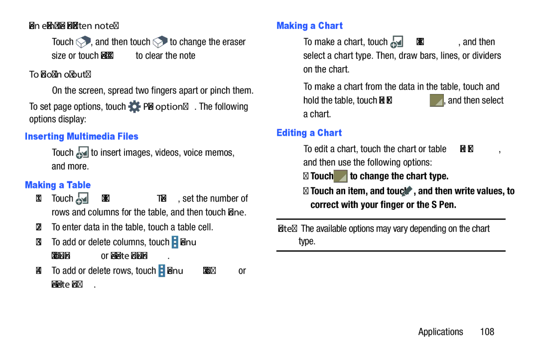 Samsung SM-P9000ZWFXAR, XE700T1C-K01US Inserting Multimedia Files, Making a Table, Making a Chart, Editing a Chart 