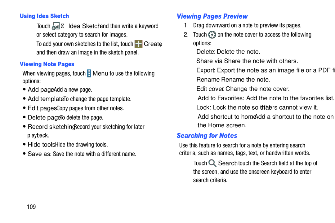 Samsung XE700T1C-K01US, SM-P9000ZKVXAR Viewing Pages Preview, Searching for Notes, Using Idea Sketch, Viewing Note Pages 