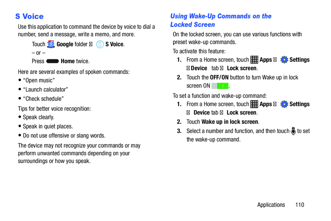 Samsung SM-P9000ZKVXAR Using Wake-Up Commands on Locked Screen, Touch Google folder S Voice, Device tab Lock screen 