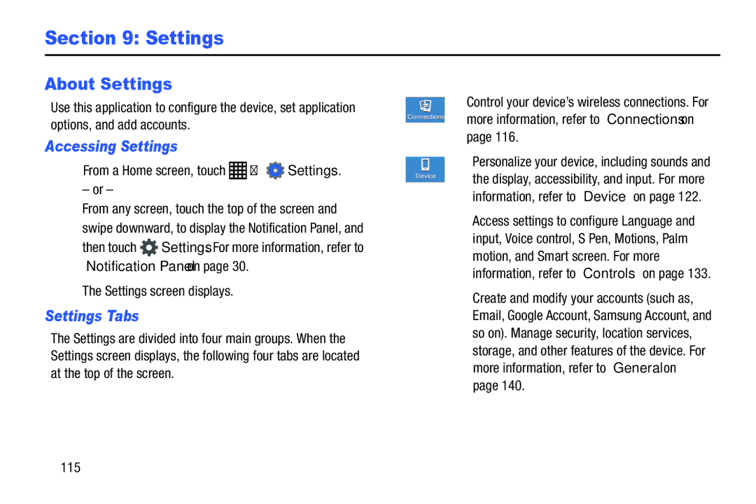 Samsung XE700T1C-K01US, SM-P9000ZKVXAR, SM-P9000ZKFXAR, SM-P9000ZWVXAR About Settings, Accessing Settings, Settings Tabs 