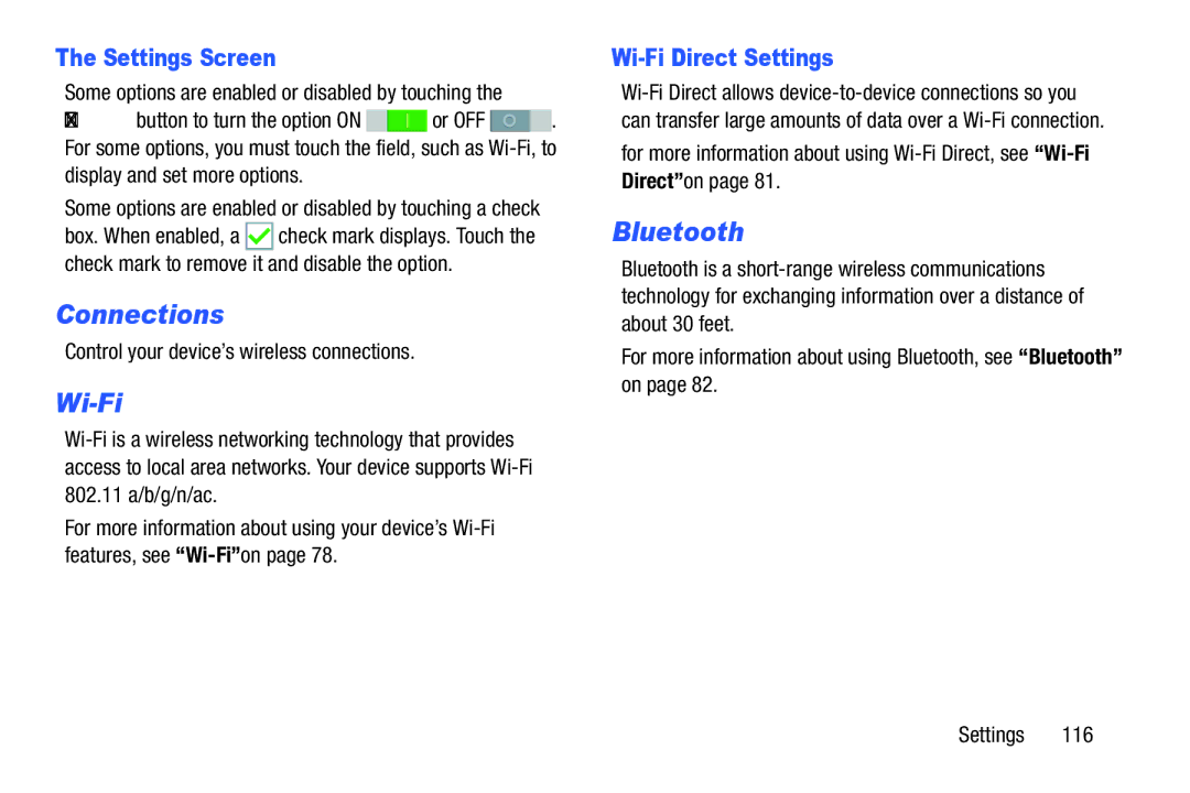 Samsung SM-P9000ZKVXAR Connections, Settings Screen, Wi-Fi Direct Settings, Control your device’s wireless connections 