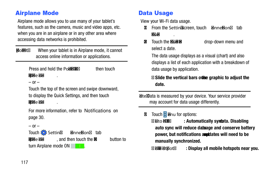Samsung SM-P9000ZKFXAR, XE700T1C-K01US, SM-P9000ZKVXAR Airplane Mode, Data Usage, Touch Settings Connections tab, 117 