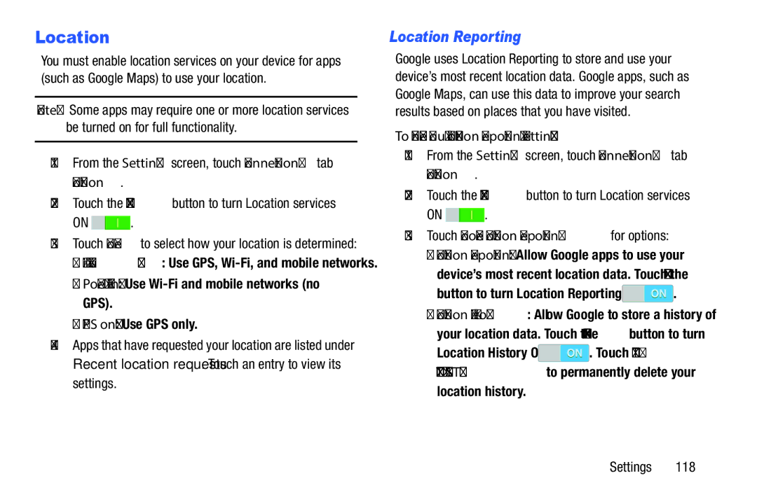 Samsung SM-P9000ZWVXAR To manage your Location Reporting settings, Touch Google Location Reporting for options 