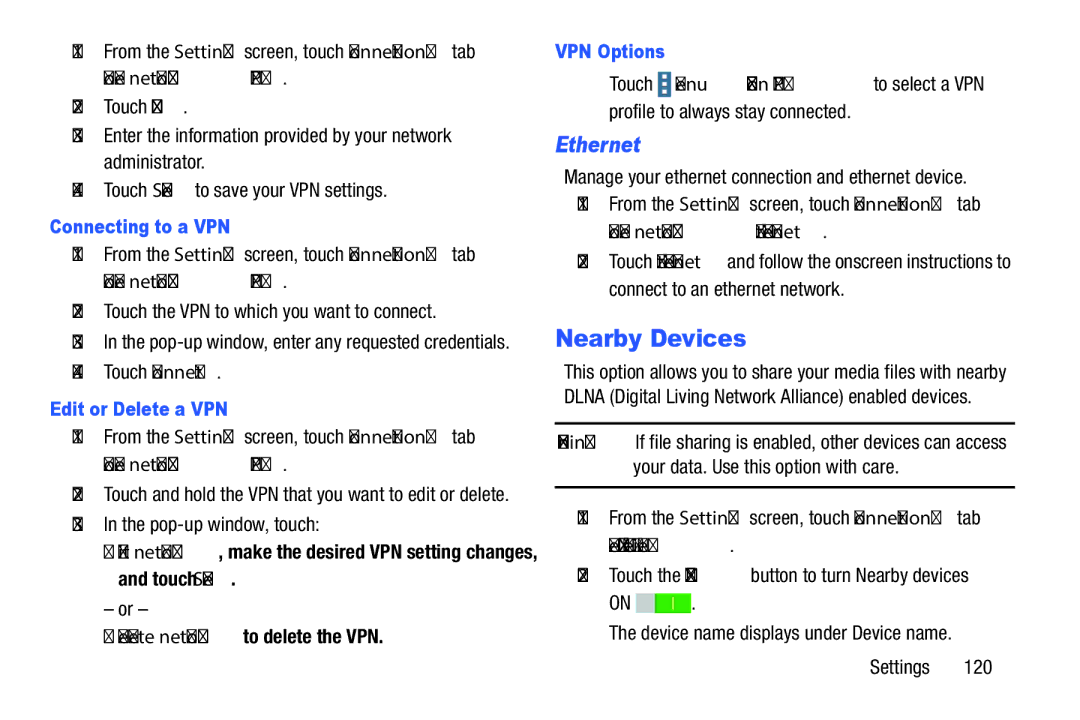 Samsung SM-P9000ZWFXAR, XE700T1C-K01US Nearby Devices, Ethernet, Connecting to a VPN, Edit or Delete a VPN, VPN Options 