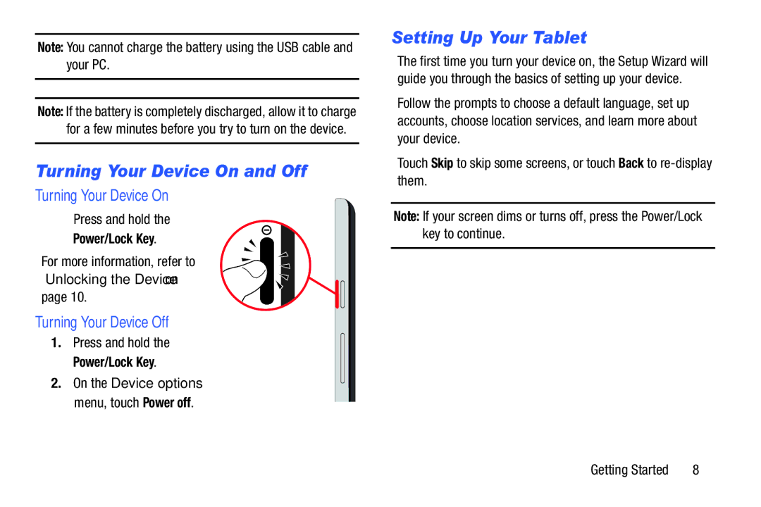 Samsung SM-P9000ZKVXAR Turning Your Device On and Off, Setting Up Your Tablet, Turning Your Device Off, Power/Lock Key 