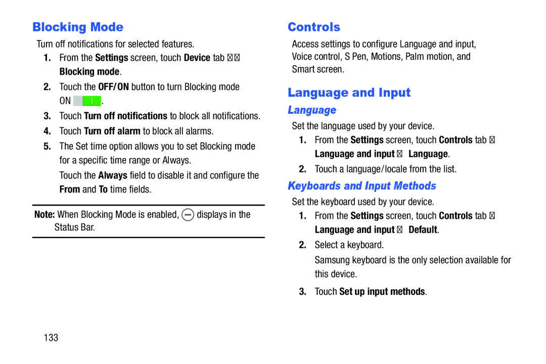 Samsung XE700T1C-K01US, SM-P9000ZKVXAR, SM-P900A Blocking Mode, Controls, Language and Input, Keyboards and Input Methods 