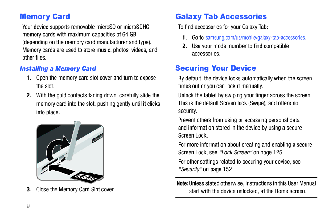 Samsung SM-P9000ZKFXAR, XE700T1C-K01US, SM-P900A Galaxy Tab Accessories, Securing Your Device, Installing a Memory Card 