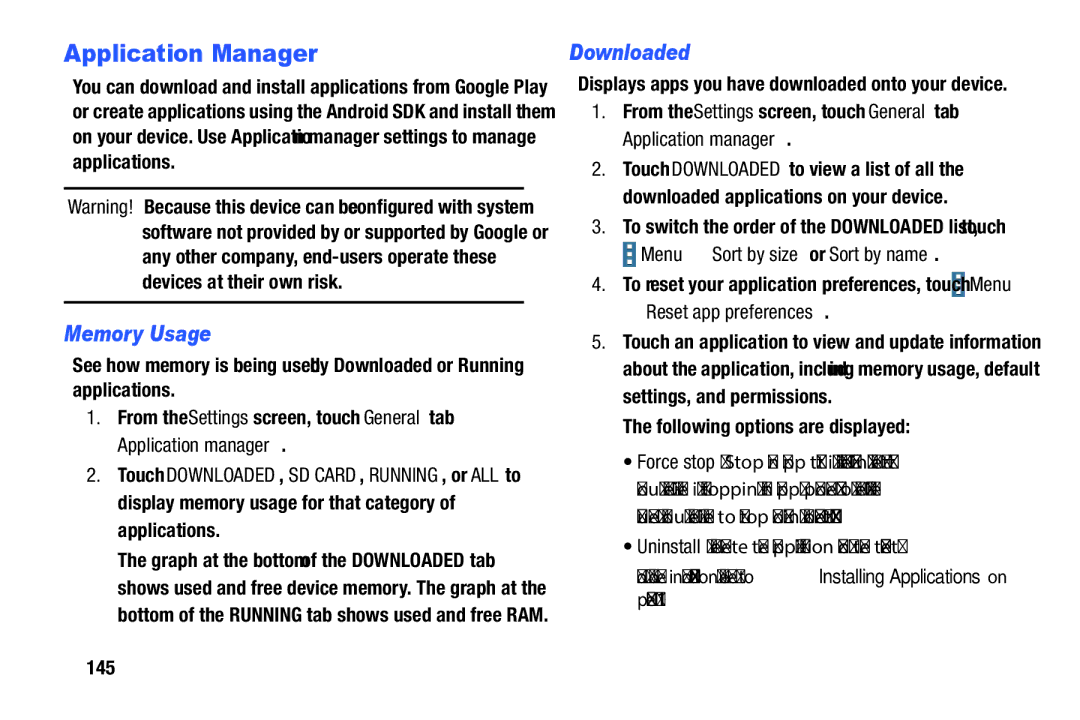 Samsung XE700T1C-K01US, SM-P9000ZKVXAR Application Manager, Memory Usage, Downloaded, Menu Sort by size or Sort by name 