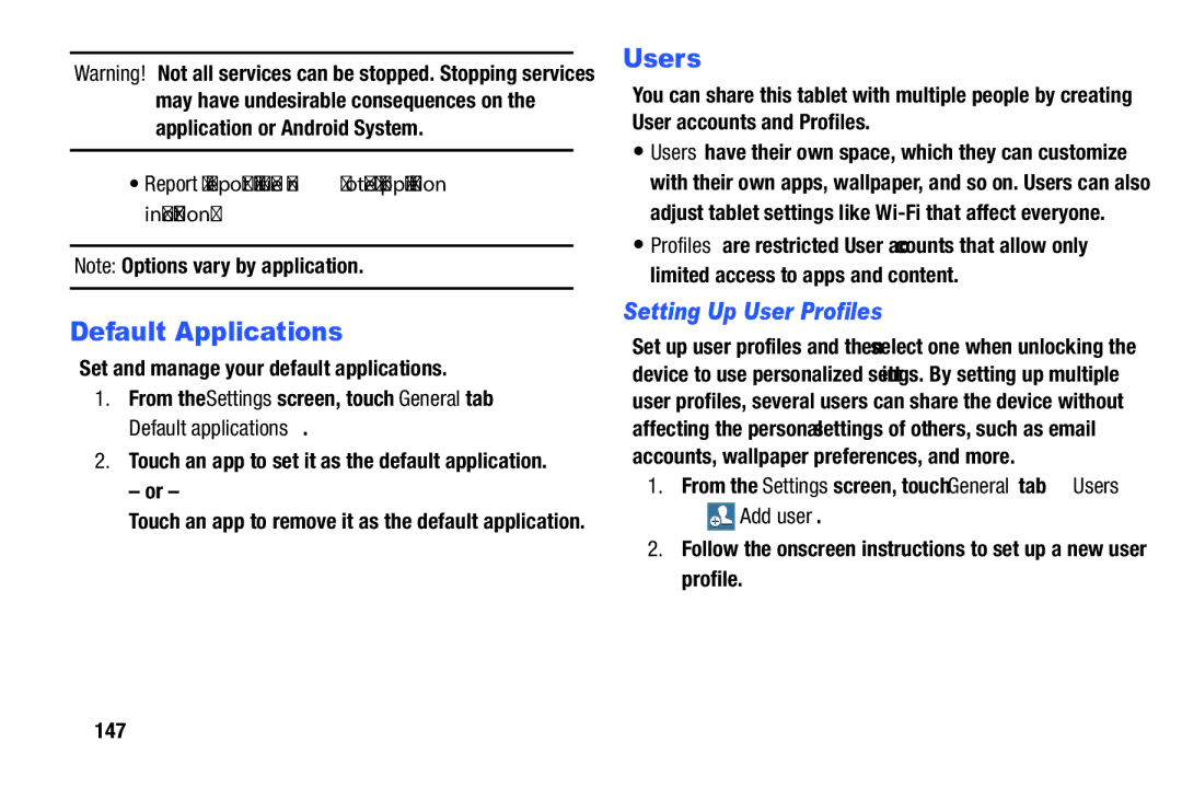 Samsung SM-P9000ZKFXAR, XE700T1C-K01US, SM-P9000ZKVXAR Default Applications, Users, Setting Up User Profiles, Add user 