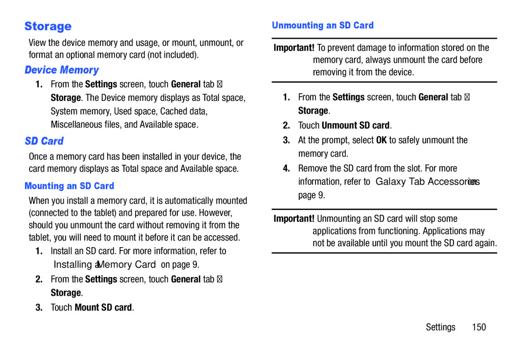 Samsung SM-P9000ZWFXAR, XE700T1C-K01US, SM-P9000ZKVXAR Storage, Device Memory, Mounting an SD Card, Unmounting an SD Card 