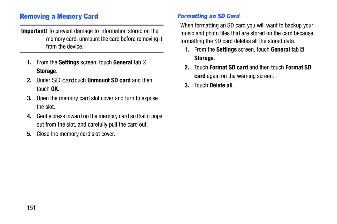 Samsung XE700T1C-K01US, SM-P9000ZKVXAR, SM-P9000ZKFXAR Removing a Memory Card, Formatting an SD Card, Touch Delete all, 151 