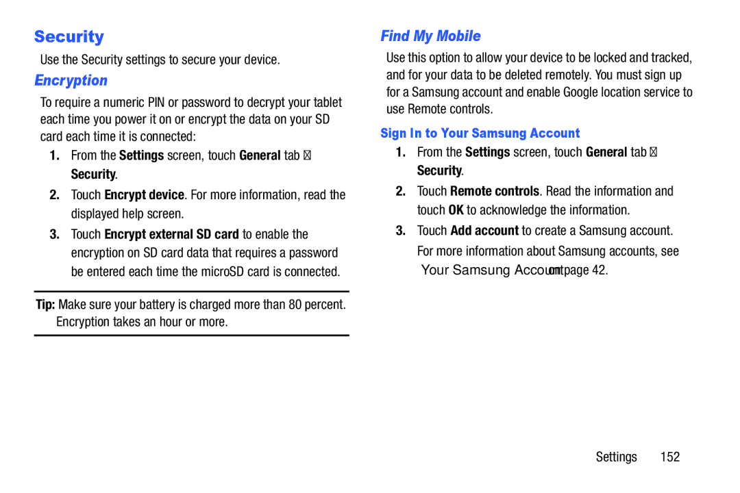 Samsung SM-P9000ZKVXAR, XE700T1C-K01US, SM-P900A Security, Encryption, Find My Mobile, Sign In to Your Samsung Account 