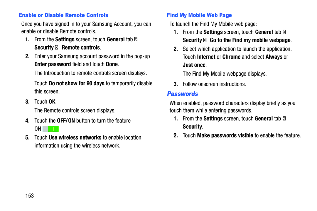 Samsung SM-P9000ZKFXAR Passwords, Enable or Disable Remote Controls, Find My Mobile Web, To launch the Find My Mobile web 