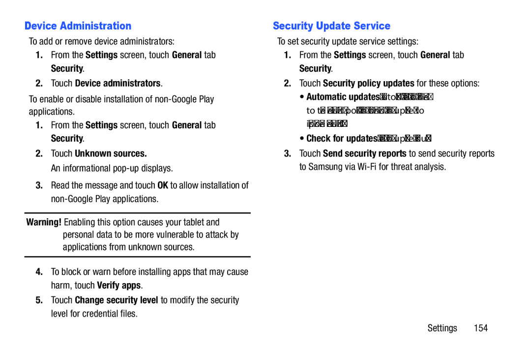 Samsung SM-P9000ZWVXAR Device Administration, Security Update Service, Touch Device administrators, Touch Unknown sources 