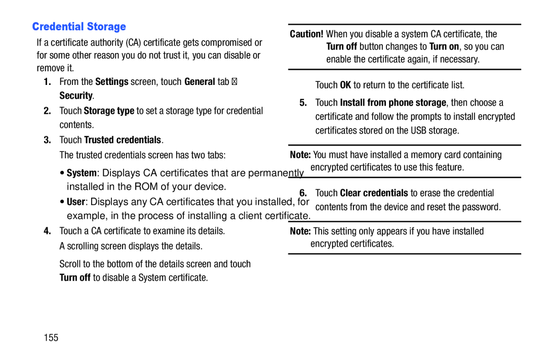 Samsung SM-P900A user manual Credential Storage, Touch Trusted credentials, Trusted credentials screen has two tabs, 155 