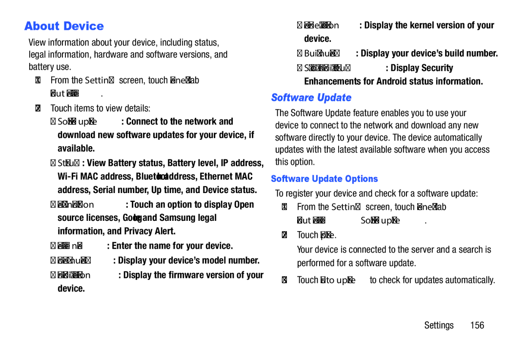 Samsung SM-P9000ZWFXAR About Device, Device name Enter the name for your device, Software Update Options, Touch Update 