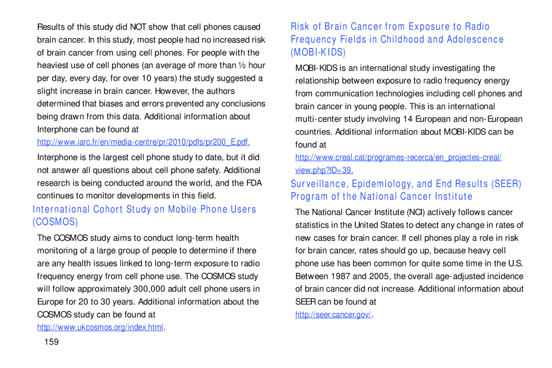 Samsung SM-P9000ZKFXAR, XE700T1C-K01US, SM-P9000ZKVXAR International Cohort Study on Mobile Phone Users Cosmos, 159 